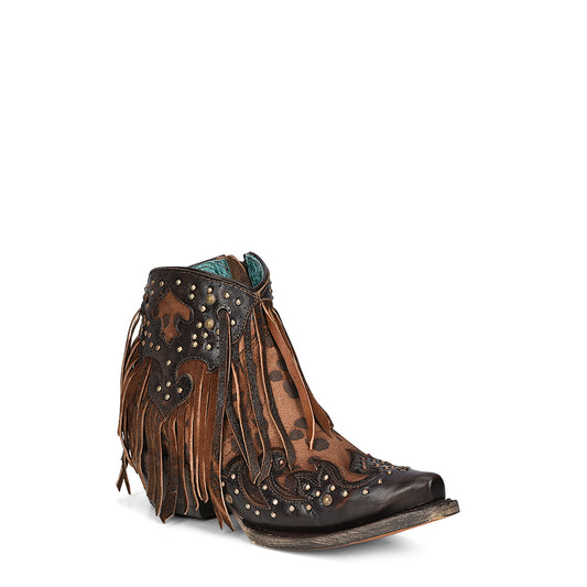 Corral Ladies Brown/Honey Leopard Print Studded Fringe Bootie