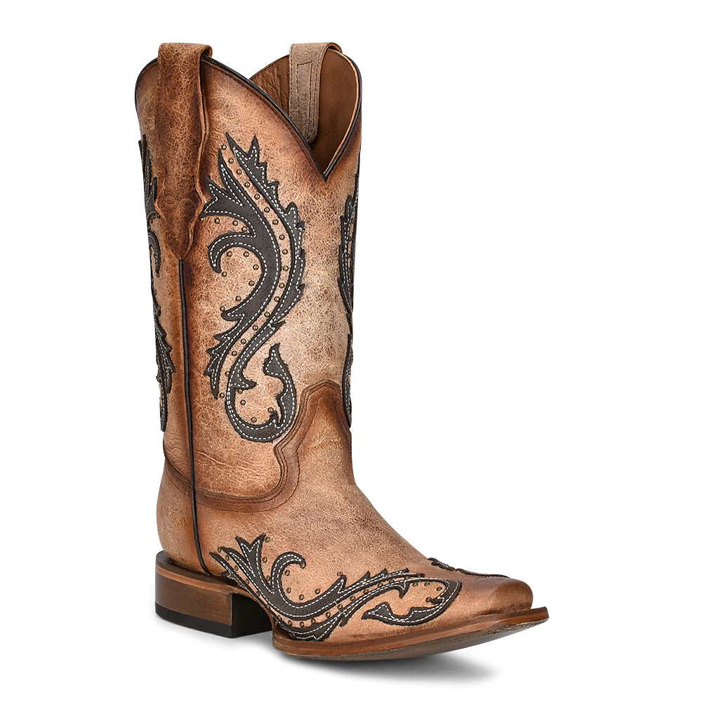 Corral Ladies Brown/Grey Embroidered Studded Square Toe Boot