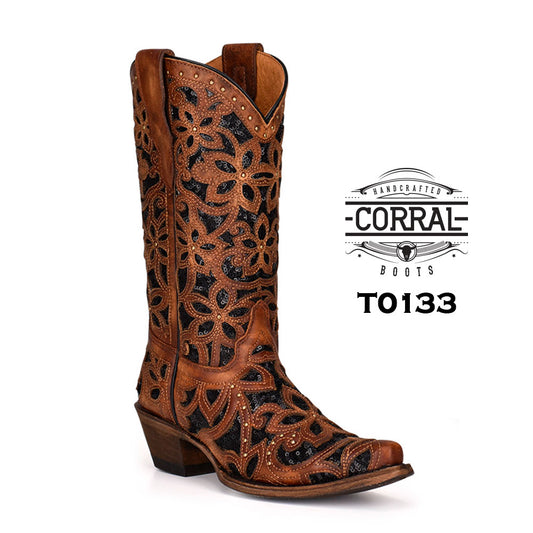 CORRAL TAN EMBROIDERED BLACK INLAY STUDDED BOOT