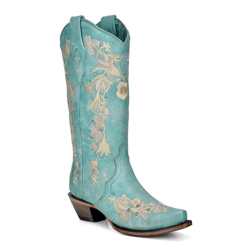 Corral Turquoise Flowered Embroidery Crystal Studded Boot