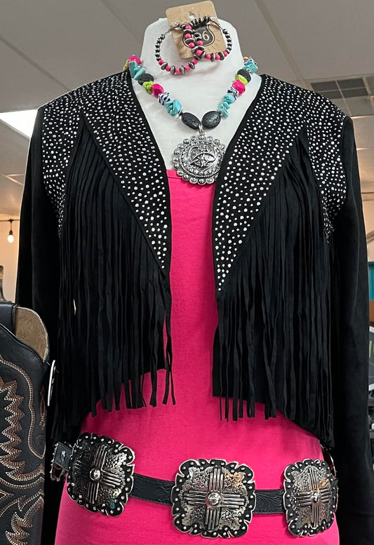 BLACK STONE FRINGE SUEDE CROP JACKET